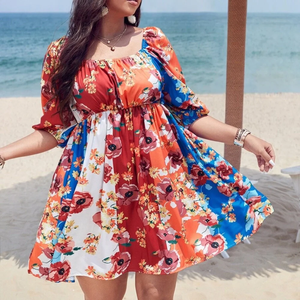 Boho Plus Floral Print Puff Sleeve Vibrant Mini Dress - Picture 1 of 5